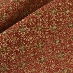 Vintage Red Gold Geometric Floral Chenille Jacquard Upholstery Fabric For Chair Cushion|French Country Farmhouse Fabric in Brown Chartreuse