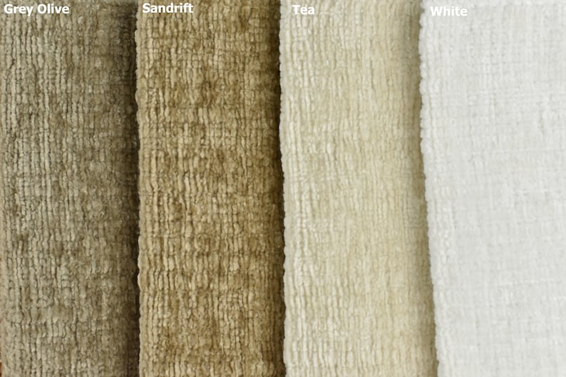 May include: Four fabric swatches in different shades of brown and white. The swatches are labelled "Grey Olive", "Sandrift", "Tea", and "White".