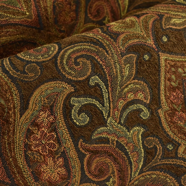 Heavy Weight Mid Century Modern Damask Jacquard Upholstery Fabric by the Yard in Brown Red|Vintage Floral Woven Fabric For Chairs