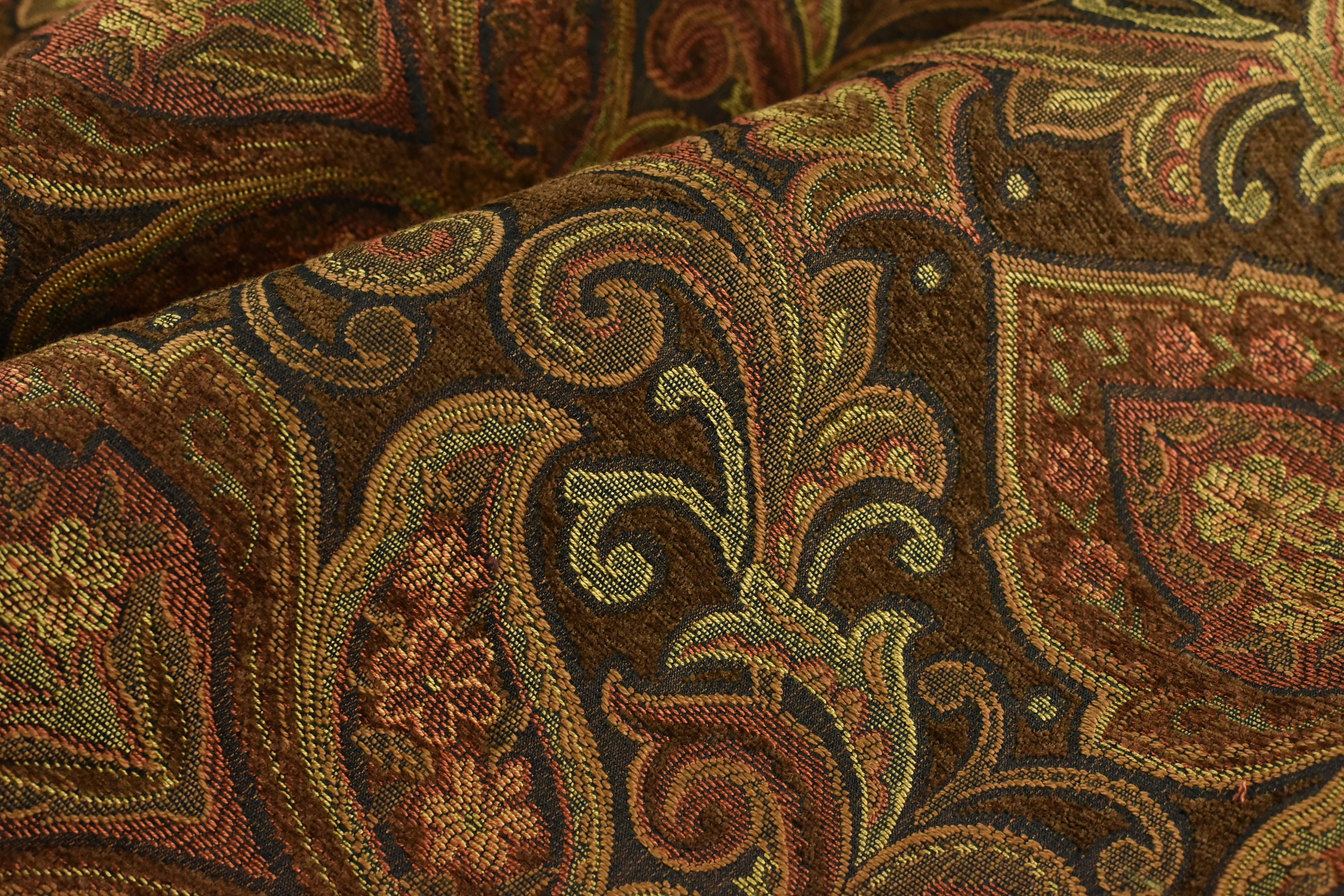 Heavy Weight Mid Century Modern Damask Jacquard Upholstery Fabric by the Yard in Dark Brown Red|Vintage Floral Woven Fabric For Chairs