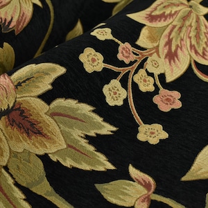 Tessuto da tappezzeria vintage in ciniglia jacquard floreale per cuscini di sedie/tessuto per arredamento moderno di metà secolo per divani-nero