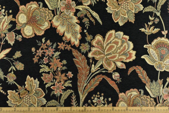Mid Century Modern Black Gold Chunky Chenille Red Floral Jacquard
