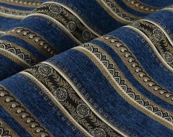 Vintage Blue Gold Trible Geometric Stripe Chenille Jacquard Upholstery Fabric|Boho Home Decor Stripes Textile For Furniture Drapery