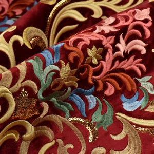 Heavy Weight Red Green Gold  Damask Floral Embroidered Cut Velvet Upholstery Fabric For Chair|Luxury Colorful Flower Fabric with Sequins