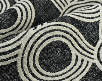Tessuto di rivestimento astratto geometrico circolare a spirale pesante in bianco e nero/Tessuto moderno per l'arredamento di casa, ideale per sedie da pranzo, divani e poltrone.