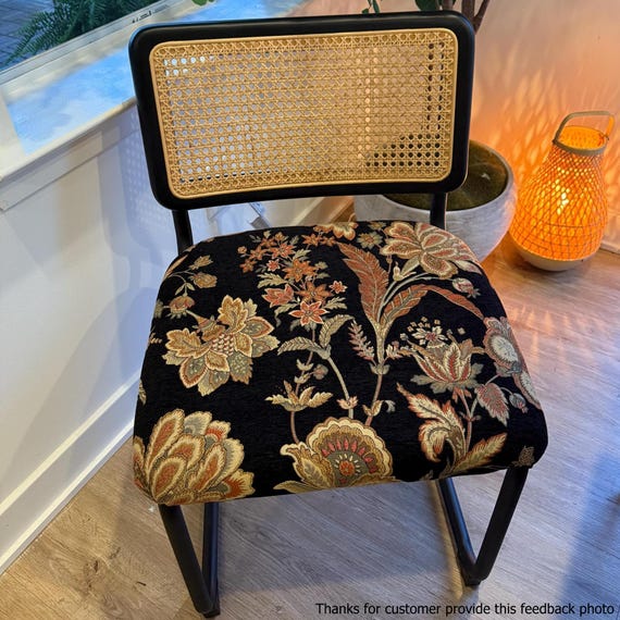 Mid Century Modern Black Gold Chunky Chenille Red Floral Jacquard