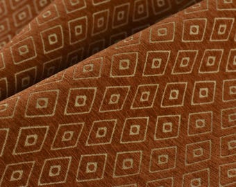 Mid Century Modern Rust Brown Vintage Geometric Chenille Upholstery Fabric For Chair Curtain|Small Diamond Pattern Furniture Reupholstery