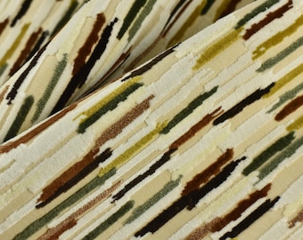 Heavyweight Multi-Colored Cut Velvet Upholstery Fabric|Modern Abstract Raised Stripe in Green Gold Brown White Furniture Fabric for Chairs