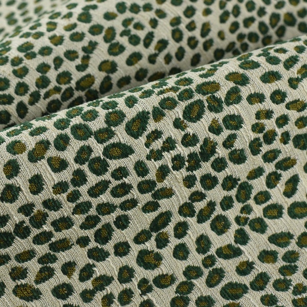 Tissu d'ameublement texturé jacquard épais léopard de créateur en vert/jaune crème | Tissu d'ameublement tissé géométrique animal guépard