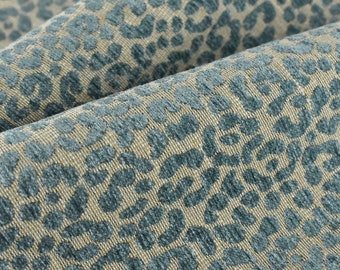 Designer Heavy Weight Linen Blend Cream Blue Chenille Leopard Jacquard Textured Upholstery Fabric|Animal Skin Geometric Woven Decor Fabric