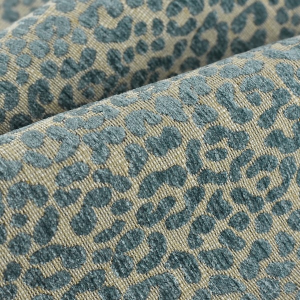 Designer Heavy Weight Linen Blend Cream Blue Chenille Leopard Jacquard Textured Upholstery Fabric|Animal Skin Geometric Woven Decor Fabric