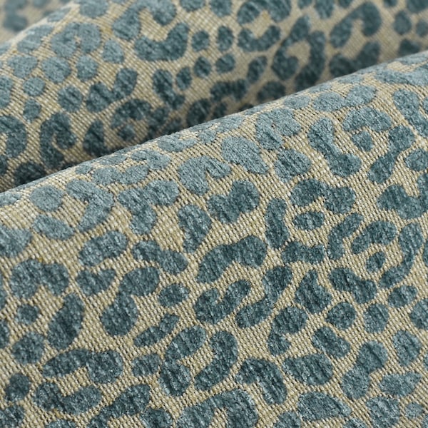 Tissu d'ameublement texturé jacquard léopard chenille bleu crème mélangé lin épais | Tissu décoratif tissé géométrique peau de bête