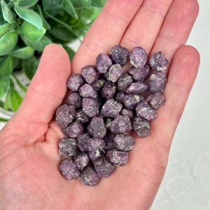 May include: A collection of small, raw, deep purple garnet stones with irregular, faceted surfaces. These natural mineral specimens exhibit a dark, earthy, and crystalline texture, clustered together in a dense, unpolished pile of individual pieces.