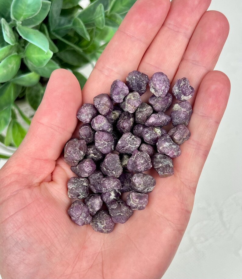 May include: A collection of small, raw, deep purple garnet stones with irregular, faceted surfaces. These natural mineral specimens exhibit a dark, earthy, and crystalline texture, clustered together in a dense, unpolished pile of individual pieces.
