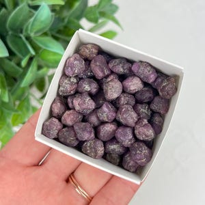 May include: A square white box filled with numerous small, raw, deep purple-toned ruby gemstones. The stones have an irregular, textured surface and are packed closely together within the container, displaying a consistent dark magenta color palette.
