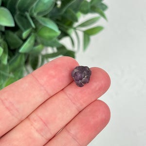 May include: A small, raw, deep purple gemstone with an irregular, multifaceted surface. The stone displays a dark, saturated violet hue with natural texture and uneven edges, showcasing a compact, unpolished form typical of a rough mineral specimen.