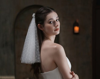 Wedding short veil with Flocking polka dots and bow.