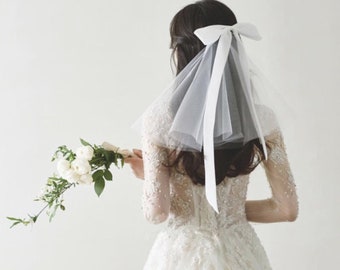 Korea Short Wedding Veil with Bow Tie detail.