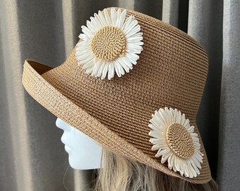 Sombrero de playa, sombrero de playa, sombrero de verano para mujer,  sombrero de vestir de verano con flores de hoja ancha, sombreros de paja  para