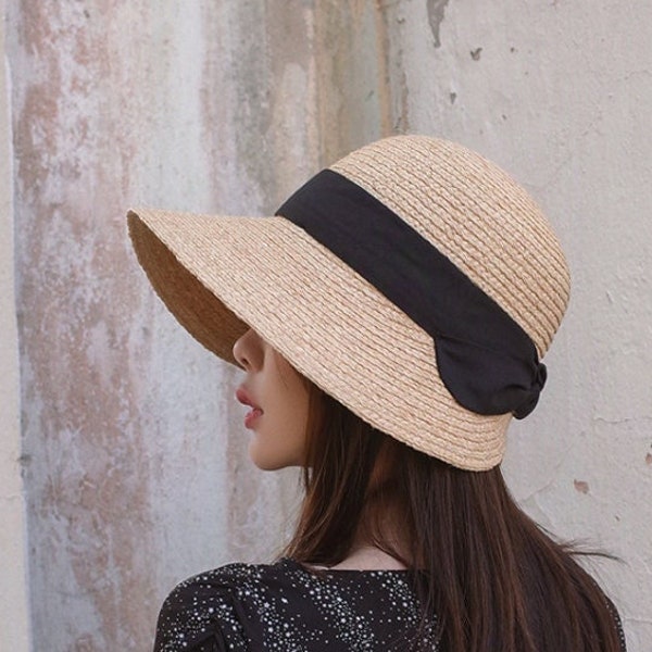 Nouveau, NOUVEAU! Chapeau d’arc noir en raphia, chapeau de soleil pour femmes, chapeau de plage, chapeau pliable.