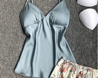 Juego de pijama de satén para mujer / Conjunto de pijama corto / Ropa de dormir de satén / Camisa corta y de pijamas de satén / Pijama de satén / Pijama de seda / Pijama de pijamas