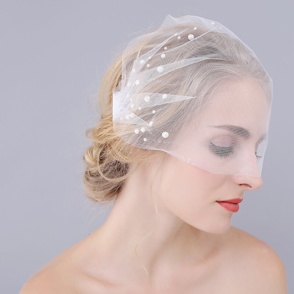 Pear Birdcage Veil, Mesh Veil with Pearls.