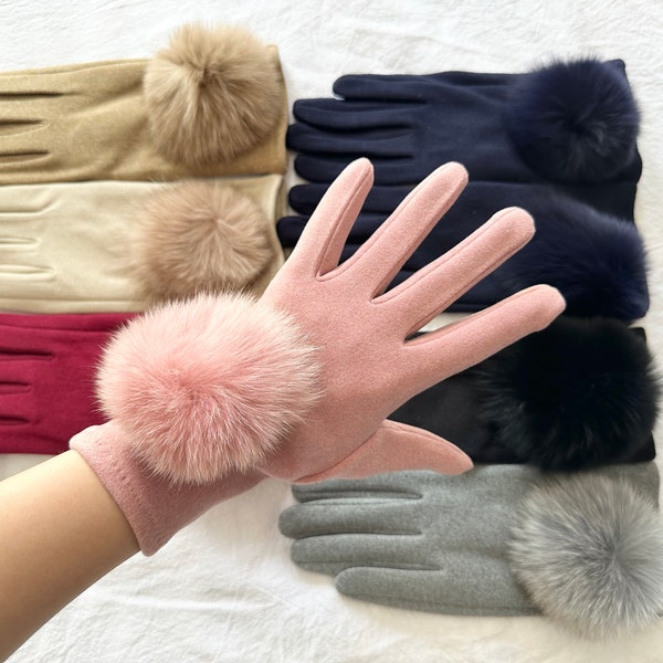 Gants en polaire pour femme avec écran tactile, gants d'hiver chauds en polaire avec pompons en renard véritable.