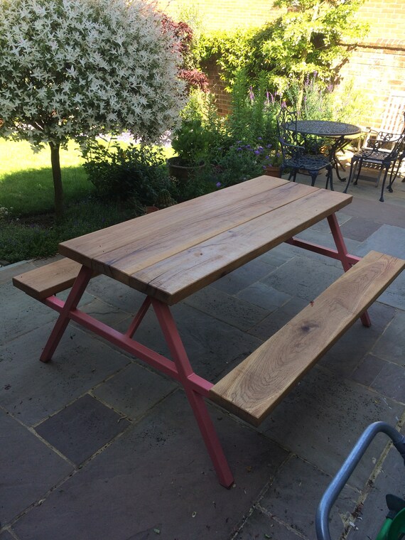 Industrial Chic Style Oak Steel Picnic Bench Picnic Etsy