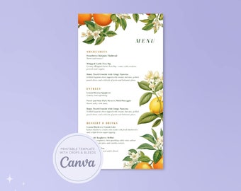 Menu vintage aux agrumes, modèle de liste florale d'été, menu de mariage Canva imprimable