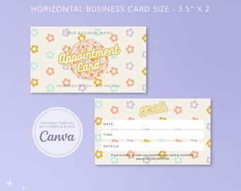 Retro Daisy Appointment Card, Floral Groovy Business Card Template, Canva Reminder Printable