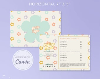 Carte de menu Floral Groovy, carte de prix rétro Daisy, liste de prix Canva imprimable, modèle de prix de beauté