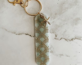 Mermaid Keychain, Art Deco Accessory, Gold Geometric Pattern, Mint Green Gift