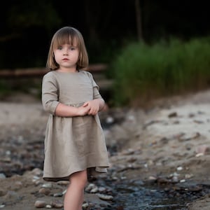 Girl‘s linen dress with long 3/4 sleeves, linen summer dress for baby girl / toddler, flower girl dress in white, brown or other color