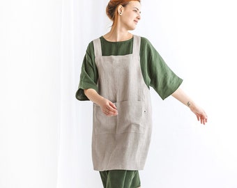 Japanese cross back linen apron JULIE, Pinafore apron with wide pockets, Women plus size apron, Linen apron for kitchen, Mother day gift