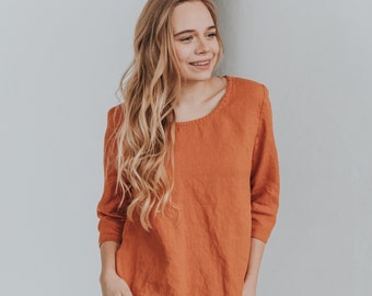 Women's casual linen top LUNA, washable linen blouse for summer, oversized collarless linen shirt in burnt orange, white, or other colors