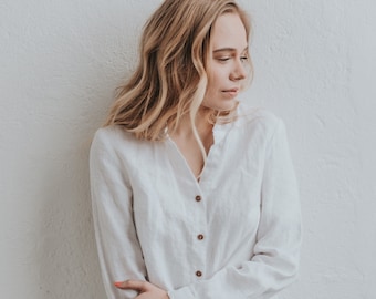 Klassiek linnen blouse met knopen ANGELIA, wit linnen overhemd - ook andere kleuren verkrijgbaar, dames linnen overhemd met lange mouwen, geen ijzeren linnen top