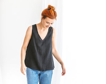 Ready to ship, Sleeveless V-neck T-shirt ANNA, linen tank top for women, organic washable linen blouse for summer