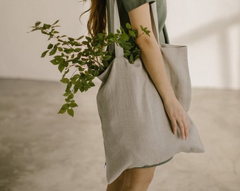 Natural linen tote bag, linen shoulder bag for shopping or beach, organic reusable tote bag, white linen bag – other colors also available