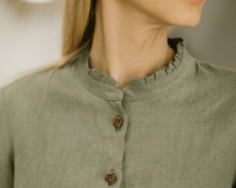 Edwardian blouse SAKURA, Classic button up shirt, ruffle collar linen blouse, high collar Victorian blouse, ethical fashion linen top