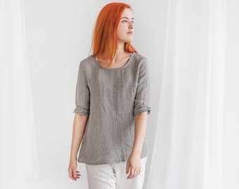 Leinenbluse für Frauen LUNA, 3/4 Ärmel Leinenhemd, Lässige Leinentops für Frauen, Sommer Leinen Tunika, Frauen Leinen Top, 25 FARBEN, 2XS-3XL