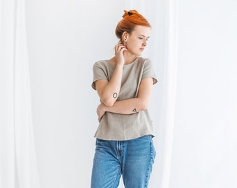 Kurzarm Leinen Tshirt AMY, Plus Größe Leinen Bluse für Frauen, Sommer Leinen Crop Top, Lässige Leinen Tops für Frauen, GRÖSSEN 2XS - 3XL