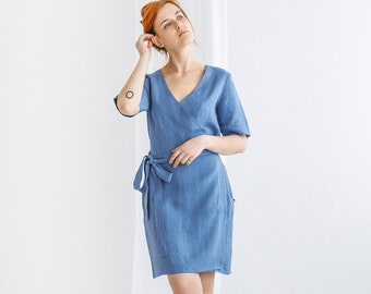 Womens linen wrap dress EDEN, Summer linen dress in kimono style, Boho dusty blue bridesmaid dress with wide belt, Linen dress plus size