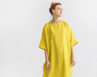Linen summer dress RITA, short kimono sleeve oversized linen dress with belt, minimalist 100% linen boho dress