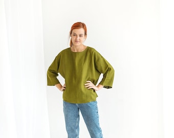 Organic linen crop top NOVA, oversized 100% linen T-shirt for women, linen kimono top with short sleeves, minimal linen blouse for summer