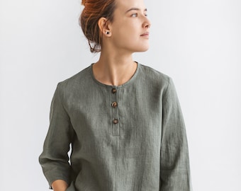 Linen tops BRENDA for women, Organic linen blouse with 3/4 sleeves, Plus size linen top, Button up shirt for summer, Oversized blouse