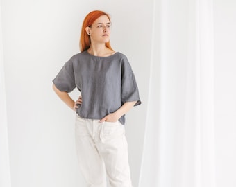 Size 38/ color grey/ ready to ship/ Organic linen crop top ERIKA, oversized 100% linen T-shirt for women, kimono top with short sleeves