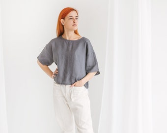 Haut court en lin biologique ERIKA, T-shirt 100% lin surdimensionné pour femme, haut kimono en lin à manches courtes, chemisier en lin minimal pour l'été