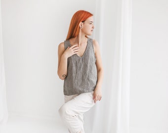 Sleeveless V-neck T-shirt ANNA, linen tank top for women in white or other color, organic washable linen blouse for summer