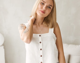 Linen Top With Square Neckline THEODORA, linen tank top for women in white or other color, organic washable linen blouse for summer