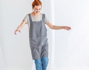 Japanese cross back linen apron JULIE, Pinafore apron with wide pockets, Women plus size apron, Linen apron for kitchen, Mother day gift